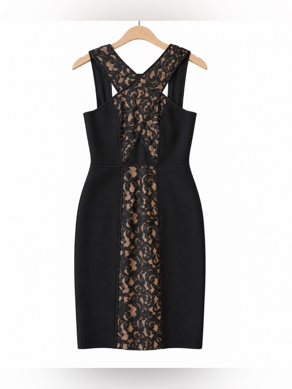 BCBGMaxAzria Black Tan Lace Inset Sheath Dress Size 6 Claudine Cocktail